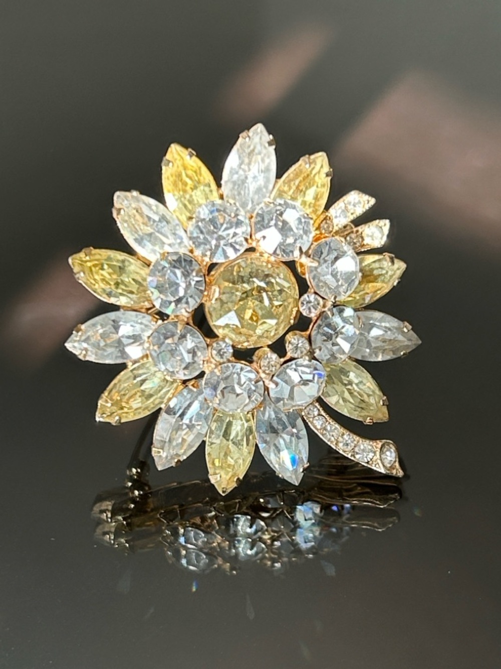 Eisenberg Floral Pin Brooch in Pale Yellow and Clear Crystals.